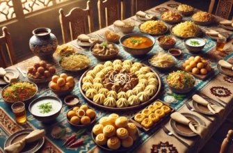 A traditional Kazakh meal featuring beshbarmak and baursak served on a decorative table