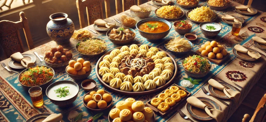 A traditional Kazakh meal featuring beshbarmak and baursak served on a decorative table