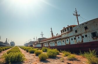 Abandoned ships at the Aral Sea ship cemetery in Moynaq