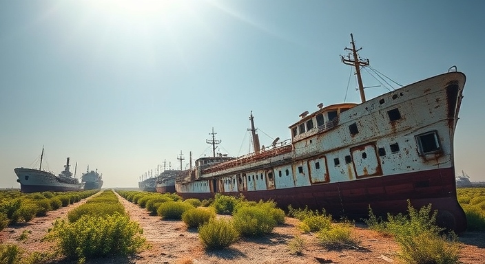 Abandoned ships at the Aral Sea ship cemetery in Moynaq