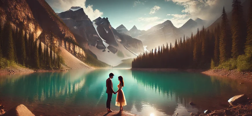 Couple enjoying a romantic moment at Big Almaty Lake during their honeymoon in Kazakhstan