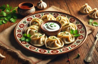 A plate of traditional Kazakh manti served with sour cream and fresh herbs