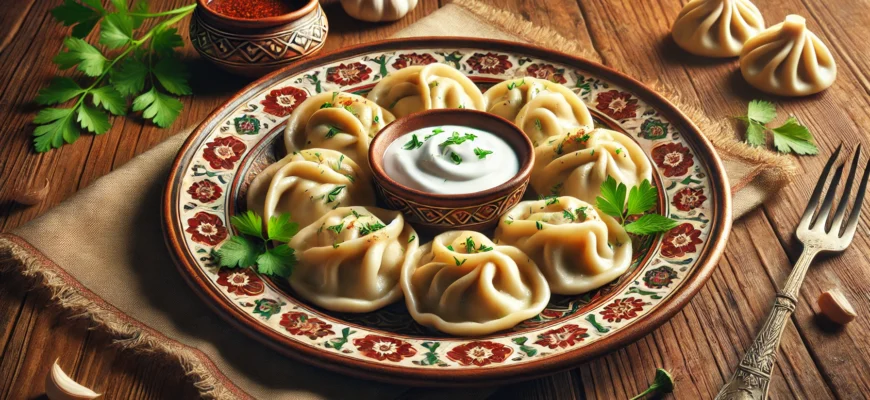 A plate of traditional Kazakh manti served with sour cream and fresh herbs