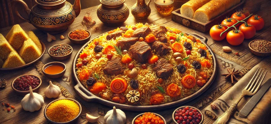 Authentic Uzbek plov served in a traditional dish