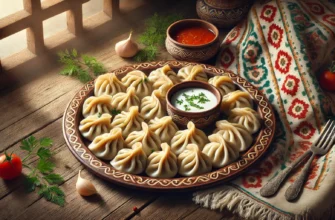 Plate of traditional Kazakh manti dumplings served with sauce