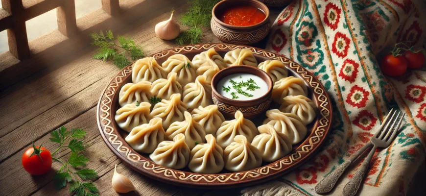 Plate of traditional Kazakh manti dumplings served with sauce