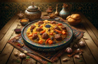 Traditional Uzbek dish served with rice and vegetables