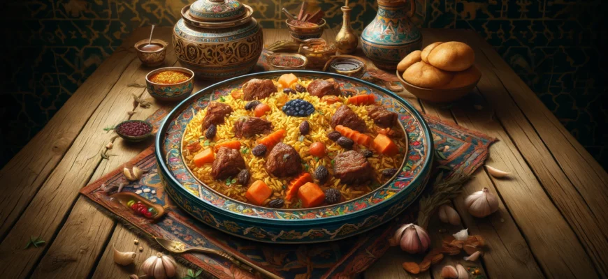 Traditional Uzbek dish served with rice and vegetables