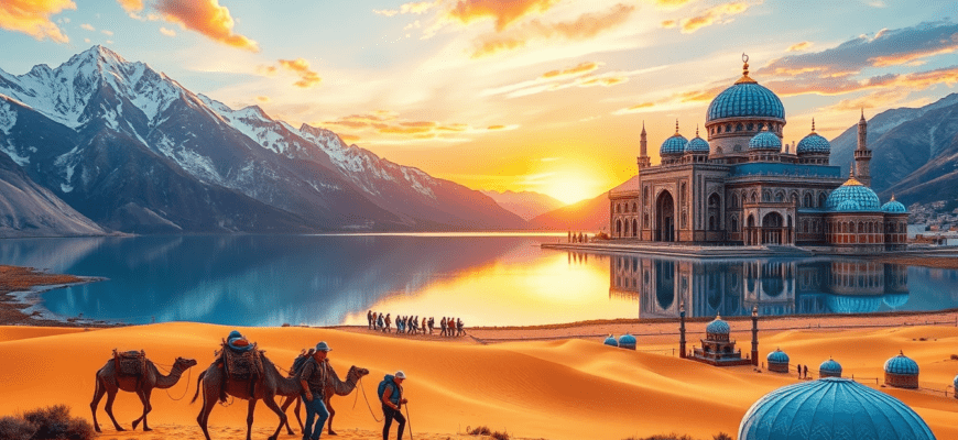 Travelers exploring Central Asia's mountains, deserts, and ancient cities