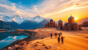 Travelers exploring the Silk Road mountains, deserts, and ancient cities of Central Asia