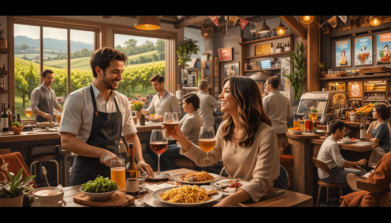 a lively and inviting scene that celebrates the joy of food and drink experiences for couples