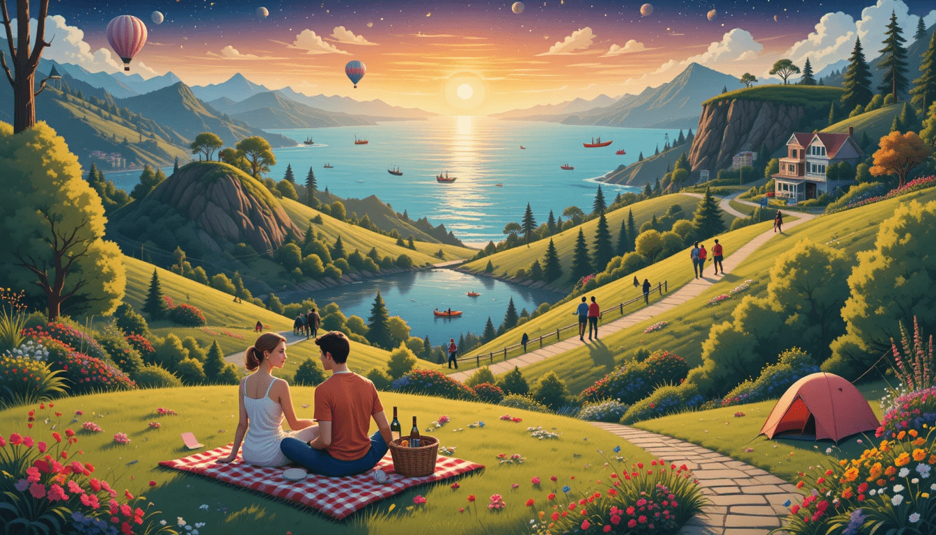 a vibrant and lively scene that encapsulates the joy of outdoor adventures for couples