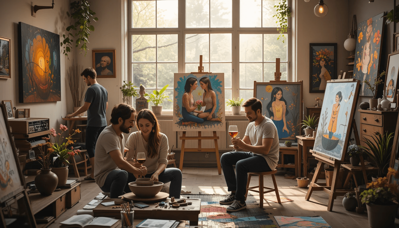 a warm and inspiring scene that showcases the creativity and connection of couples engaging in artistic activities