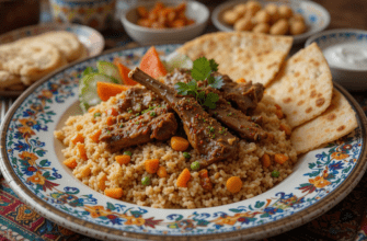 A plate of traditional Uzbek plov with lamb, rice, and carrots