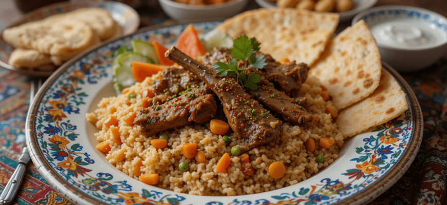 A plate of traditional Uzbek plov with lamb, rice, and carrots