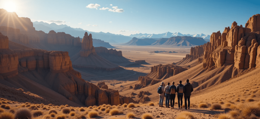 Scenic view of Kazakhstan’s landscapes with a guided tour group