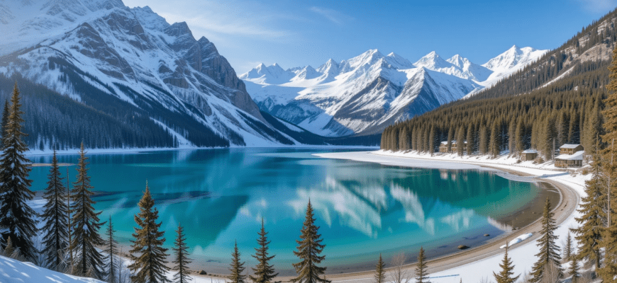 Snow-covered Kolsai Lake surrounded by pine forests in winter Kazakhstan