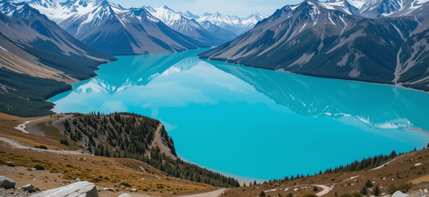 Turquoise waters of Big Almaty Lake surrounded by snow-capped mountains in Kazakhstan