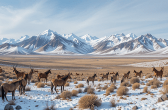 Wild animals grazing in Altyn Emel National Park with snow-capped mountains in winter