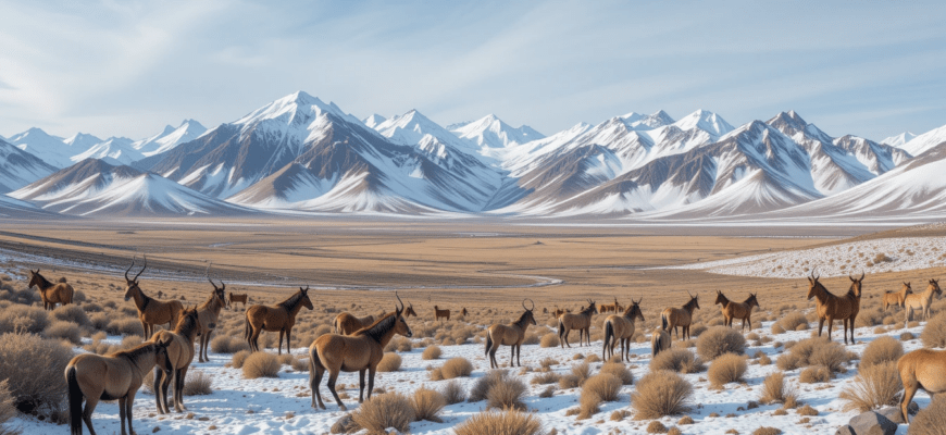 Wild animals grazing in Altyn Emel National Park with snow-capped mountains in winter