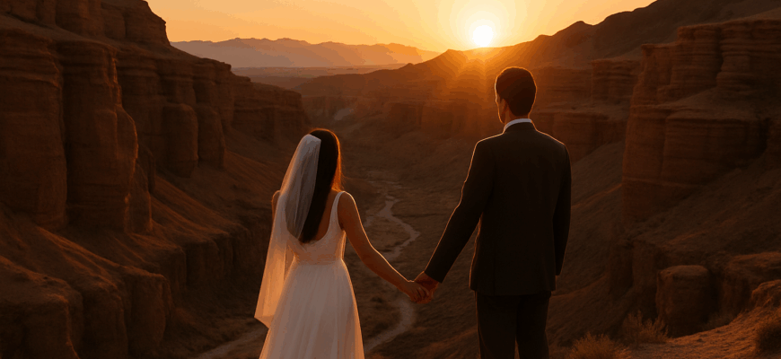 Couple enjoying a romantic sunset at Charyn Canyon, Kazakhstan