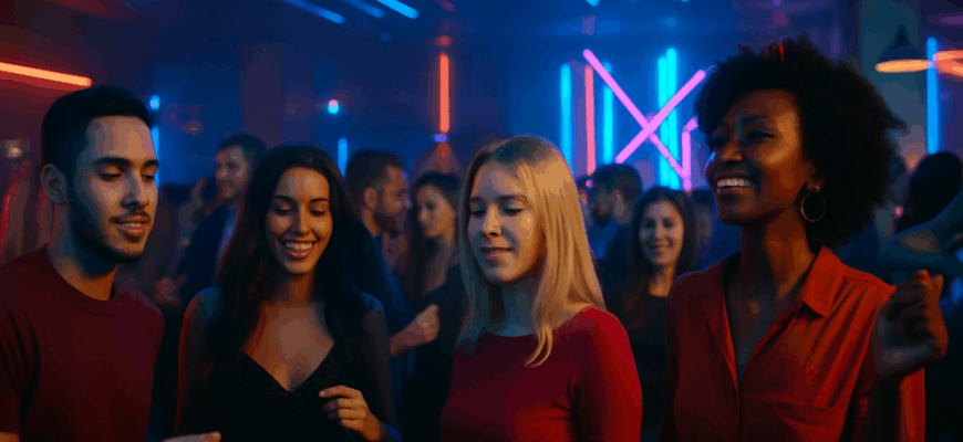 Crowd dancing under colorful lights in a Tashkent nightclub