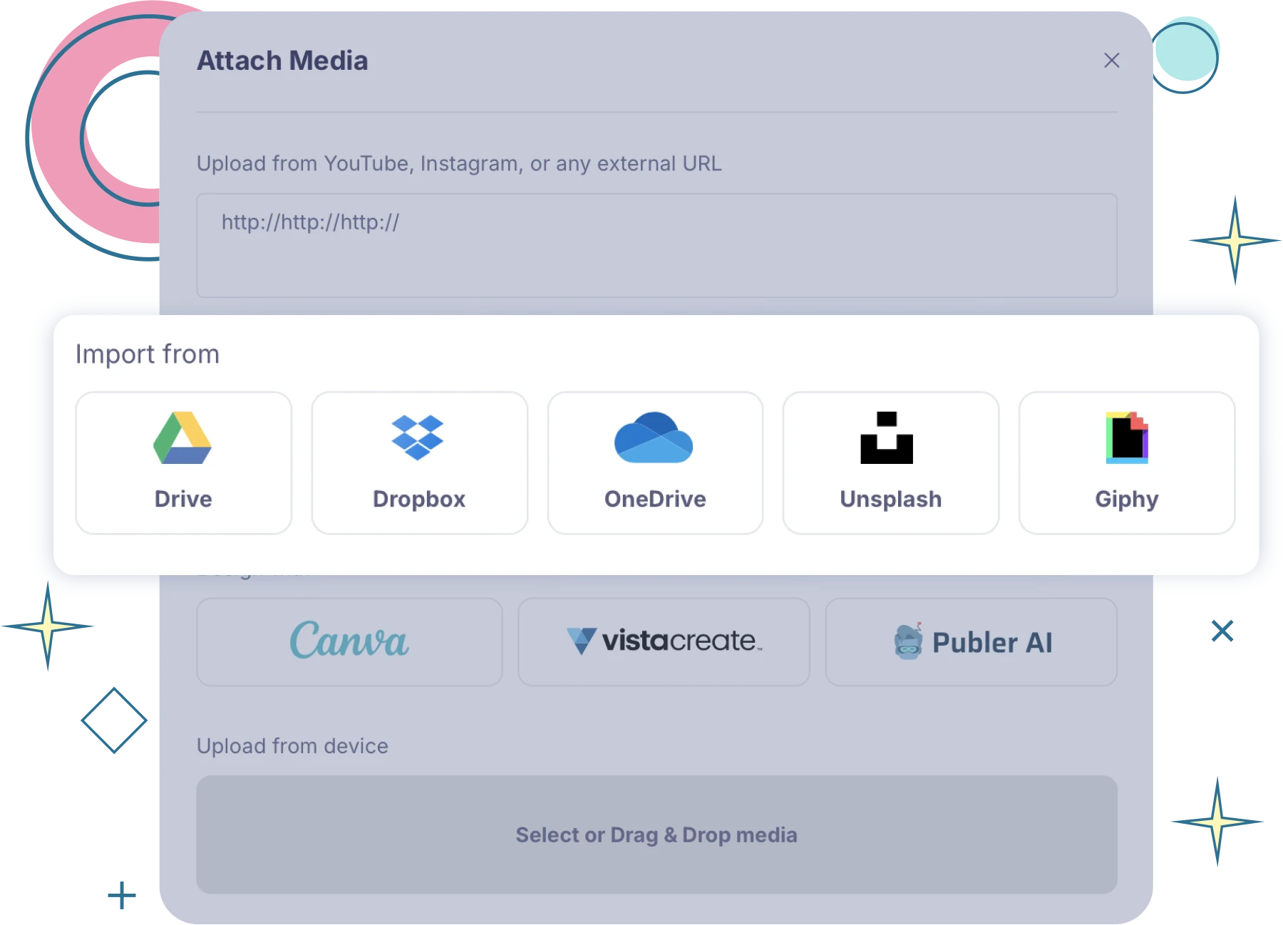 A logo collage displaying Publer's key integrations, including Canva, VistaCreate, Dropbox, and Unsplash