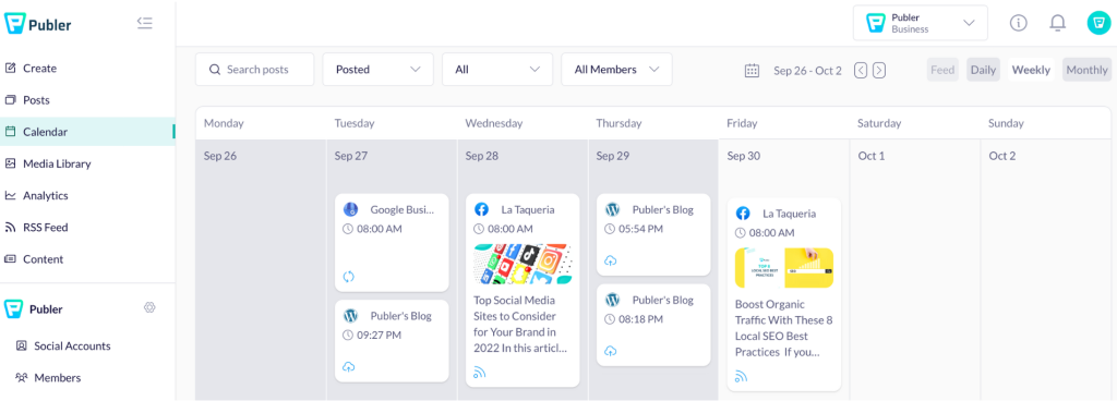 A screenshot of the Publer content calendar view, showing a weekly schedule with visual posts planned for Instagram and LinkedIn