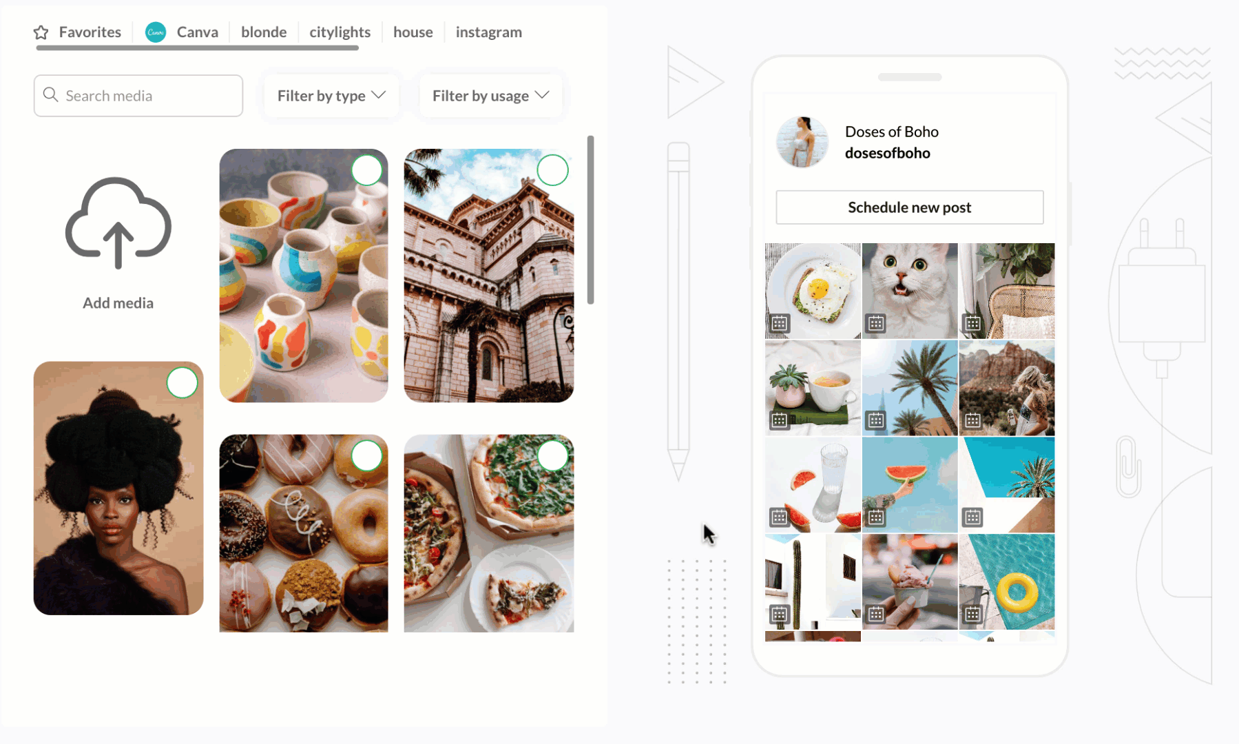 A screenshot of the Publer Instagram Grid Planner, where a user is visually arranging future posts to create a cohesive feed aesthetic
