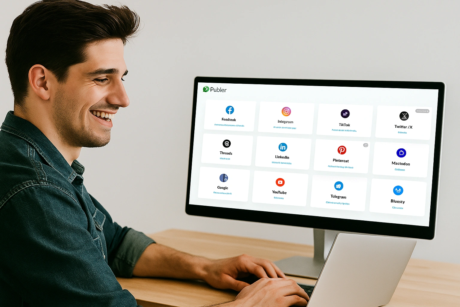 A small business owner smiling while using a laptop to manage their brand's social media accounts with a scheduling tool like Publer