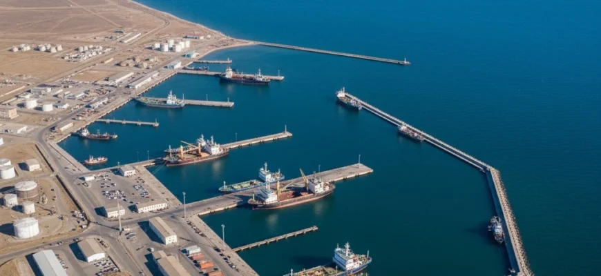 Aerial view of Bautino port on the Caspian Sea coastline