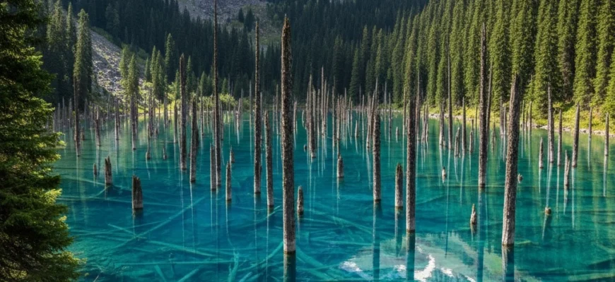 Aerial view of Lake Kaindy in Kazakhstan with sunken forest trunks in turquoise water