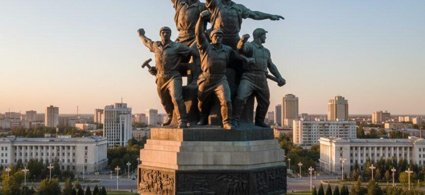 Bronze Miners Glory monument in Karaganda against blue sky