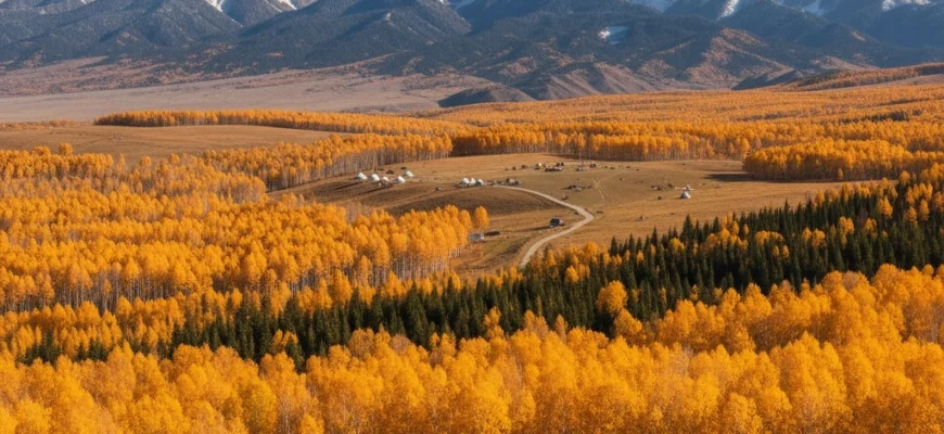 Golden autumn foliage in Ile-Alatau Mountains near Almaty, Kazakhstan