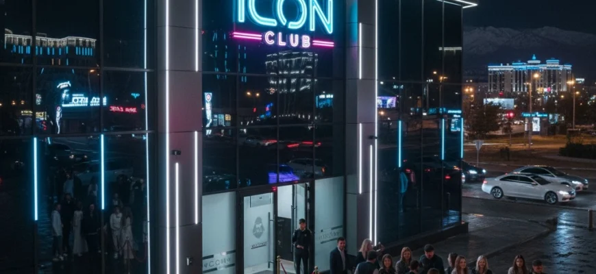Modern nightclub facade in Almaty city center at night