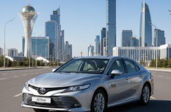 Modern rental car parked near Bayterek Tower in Astana
