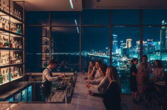 Nightlife in Aktau city - cocktail bar and Caspian Sea view at night