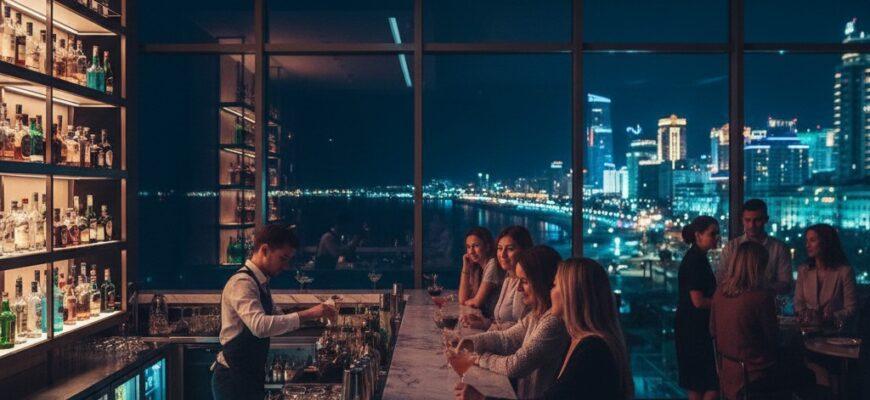 Nightlife in Aktau city - cocktail bar and Caspian Sea view at night