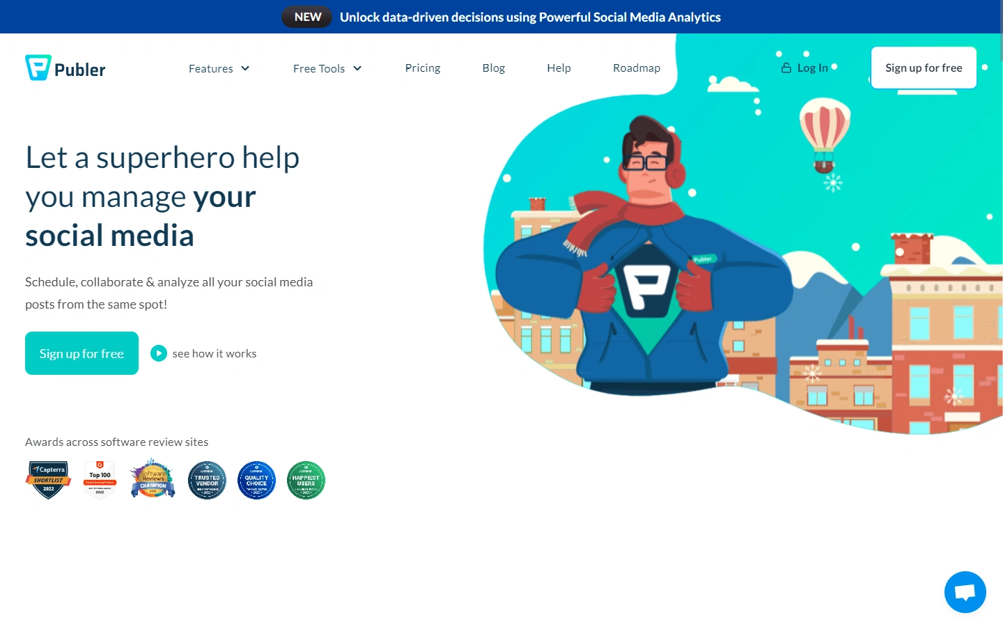 Screenshot of the main Publer dashboard, showcasing the user interface and key navigation options for managing social media