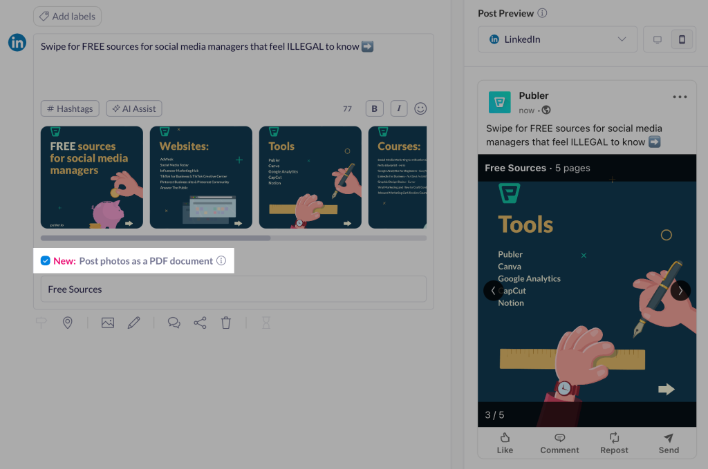 The Publer interface demonstrating how to create a LinkedIn carousel post by uploading and converting a PDF document into swipeable images