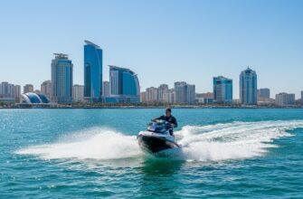 Tourist jet skiing on the Caspian Sea coast near Aktau, Kazakhstan