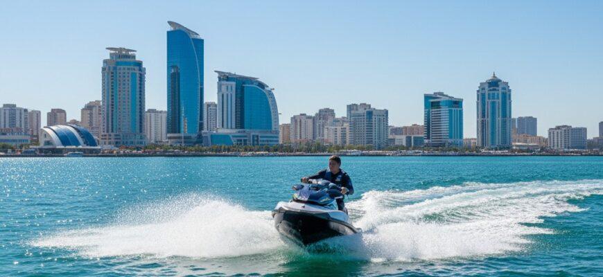 Tourist jet skiing on the Caspian Sea coast near Aktau, Kazakhstan