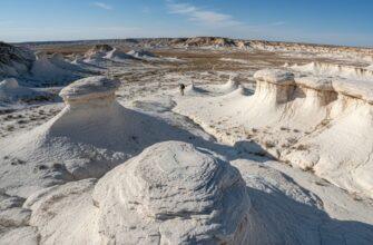 Unique chalk landscape of Aktobe region with panoramic view under blue sky
