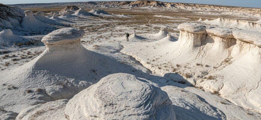 Unique chalk landscape of Aktobe region with panoramic view under blue sky
