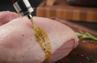 Budget stainless steel meat injector injecting herb butter marinade into a raw turkey breast