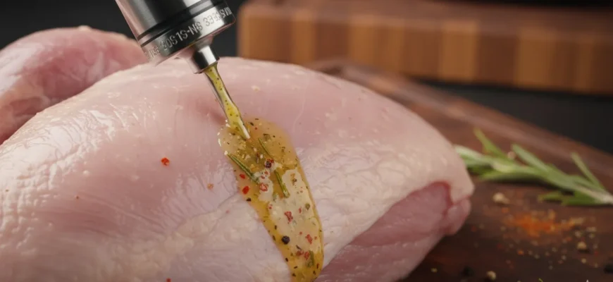 Budget stainless steel meat injector injecting herb butter marinade into a raw turkey breast