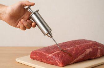 Close-up of a stainless steel meat injector in use on a raw beef brisket