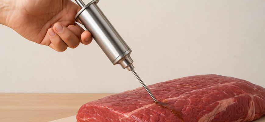 Close-up of a stainless steel meat injector in use on a raw beef brisket