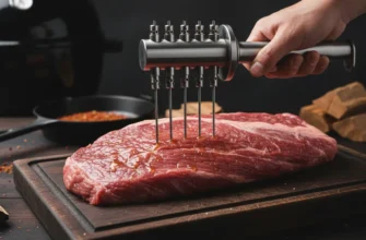 Professional stainless steel multi-needle meat injector injecting juice into a raw beef brisket for BBQ