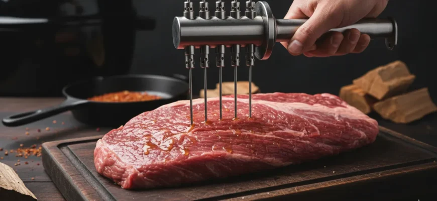 Professional stainless steel multi-needle meat injector injecting juice into a raw beef brisket for BBQ
